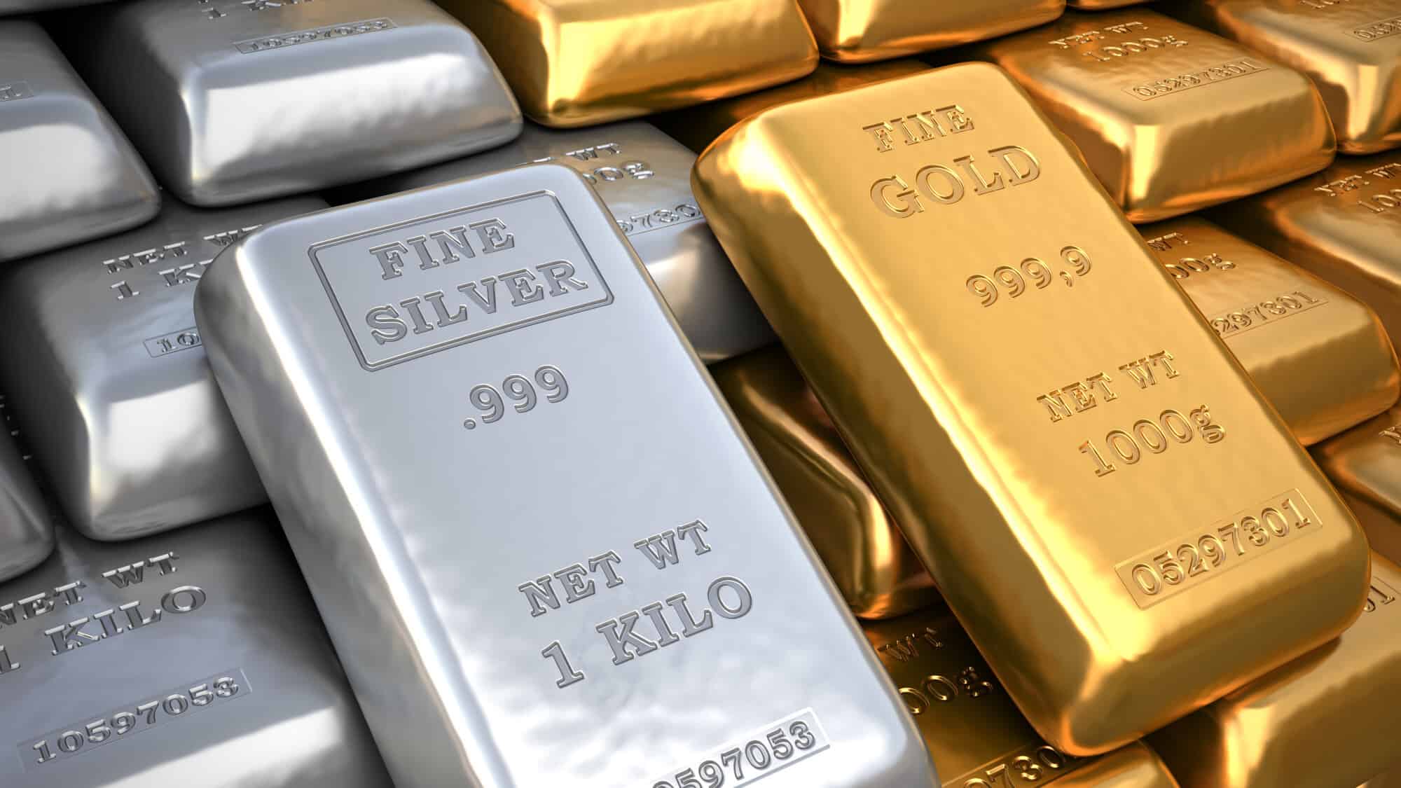 Silver ingot and gold bullion. Finance illustration - precious metals