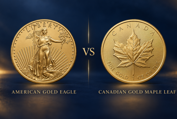 Illustration comparing an American Gold Eagle coin with a Canadian Gold Maple Leaf coin