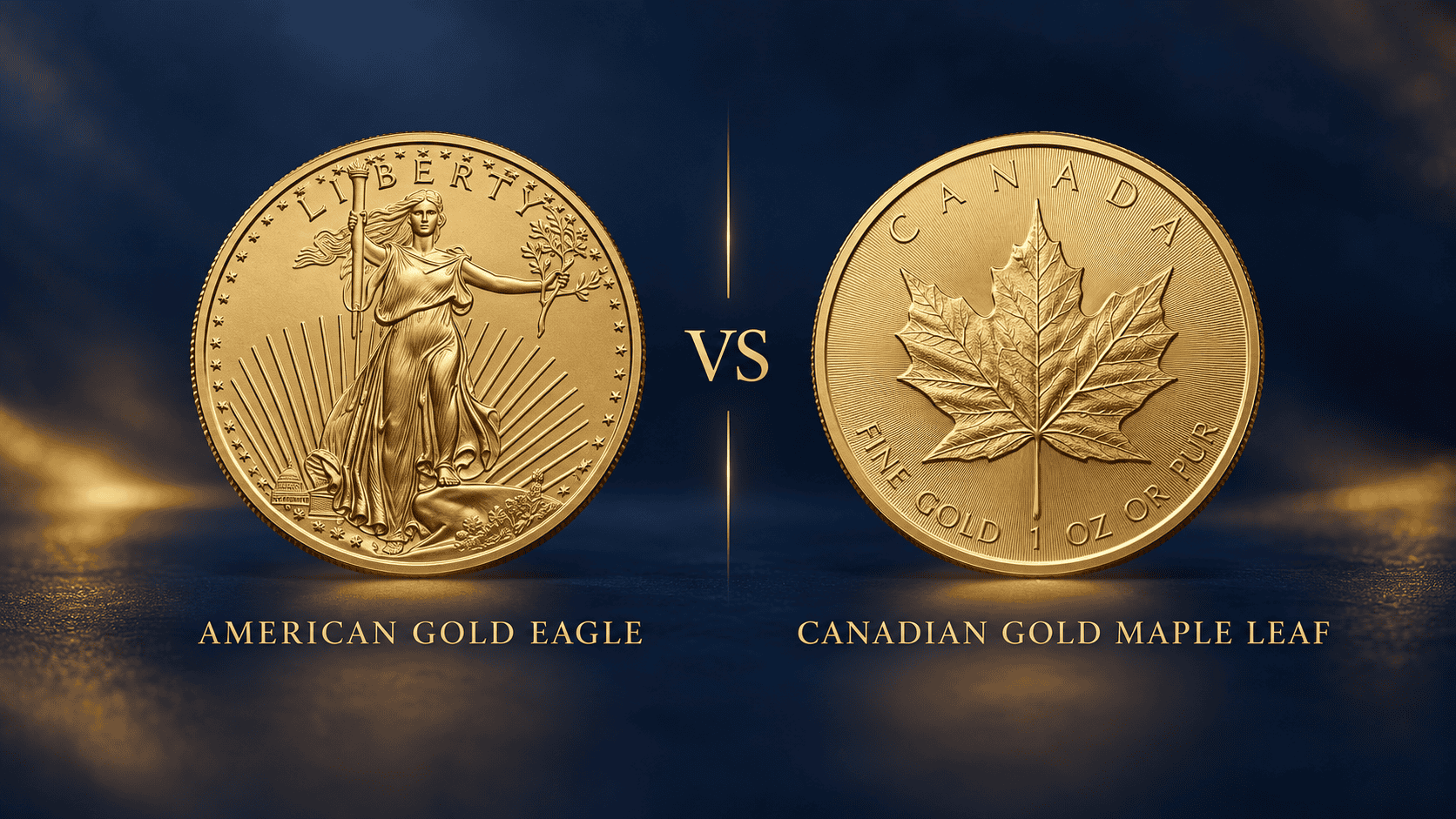 Illustration comparing an American Gold Eagle coin with a Canadian Gold Maple Leaf coin